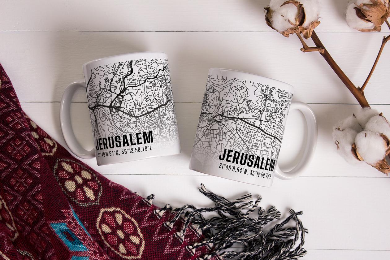 Jerusalem Şehir Haritası Baskılı Porselen Kupa Bardak
