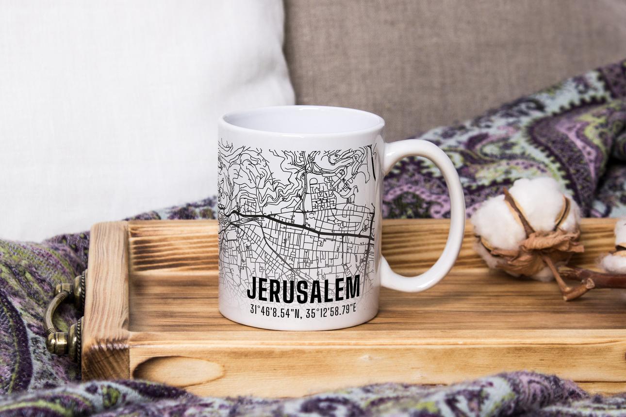 Jerusalem Şehir Haritası Baskılı Porselen Kupa Bardak