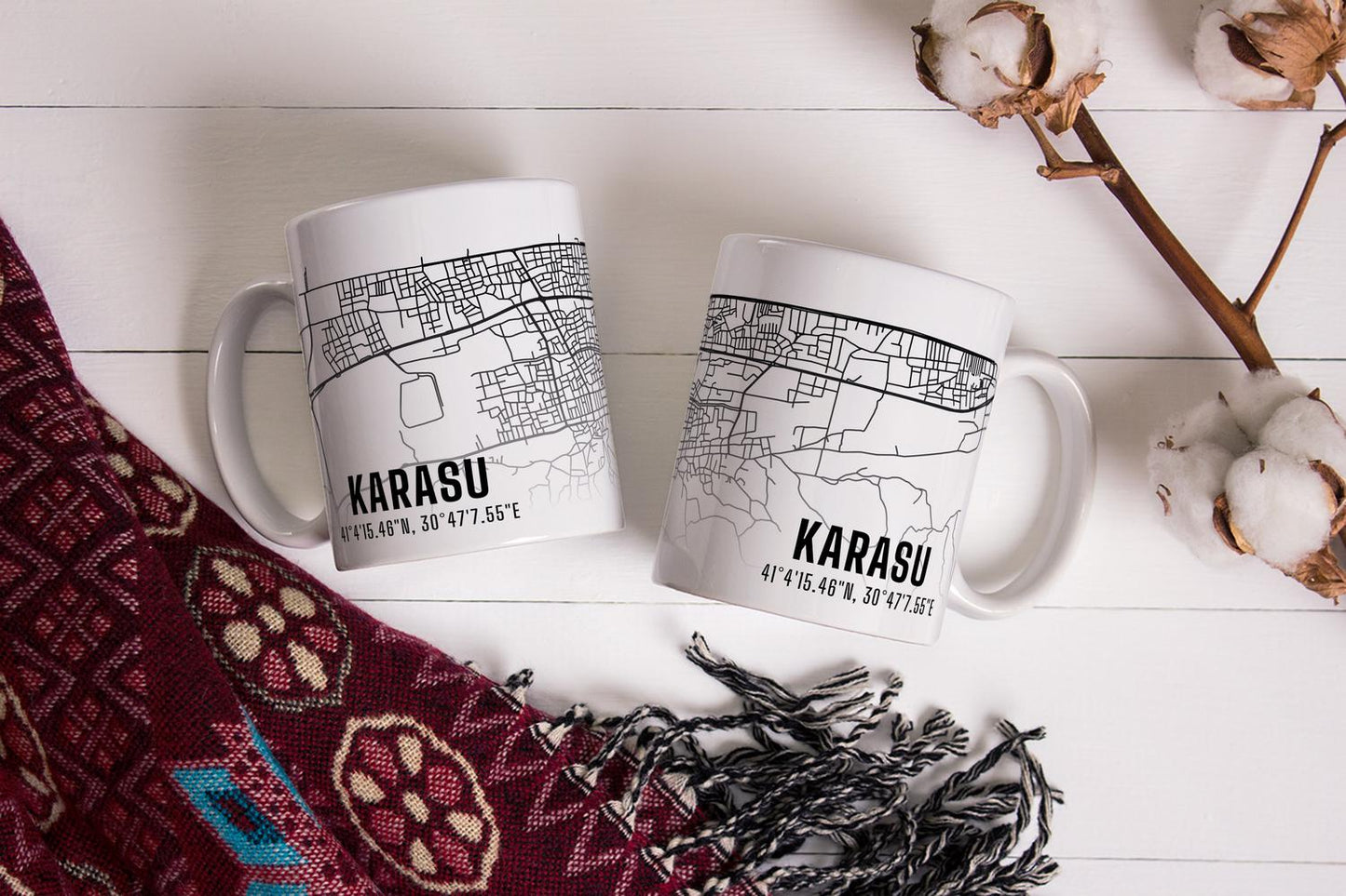 Karasu Şehir Haritası Baskılı Porselen Kupa Bardak
