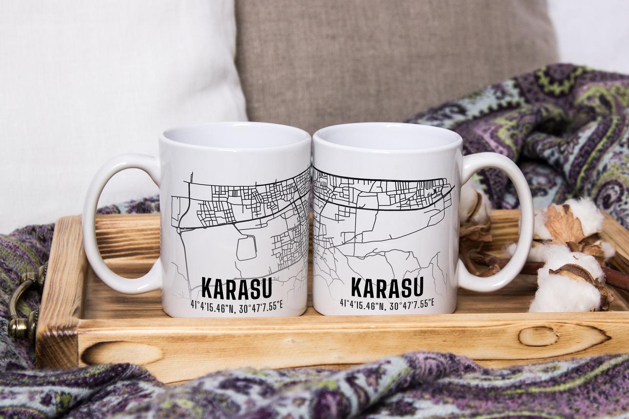 Karasu Şehir Haritası Baskılı Porselen Kupa Bardak